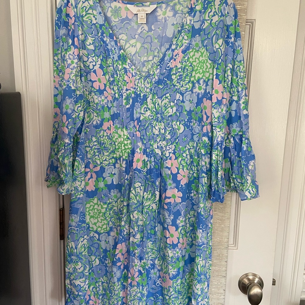 Lilly Pulitzer Blue Floral V-Neck Long Sleeve Dress. Size 10 VGUC